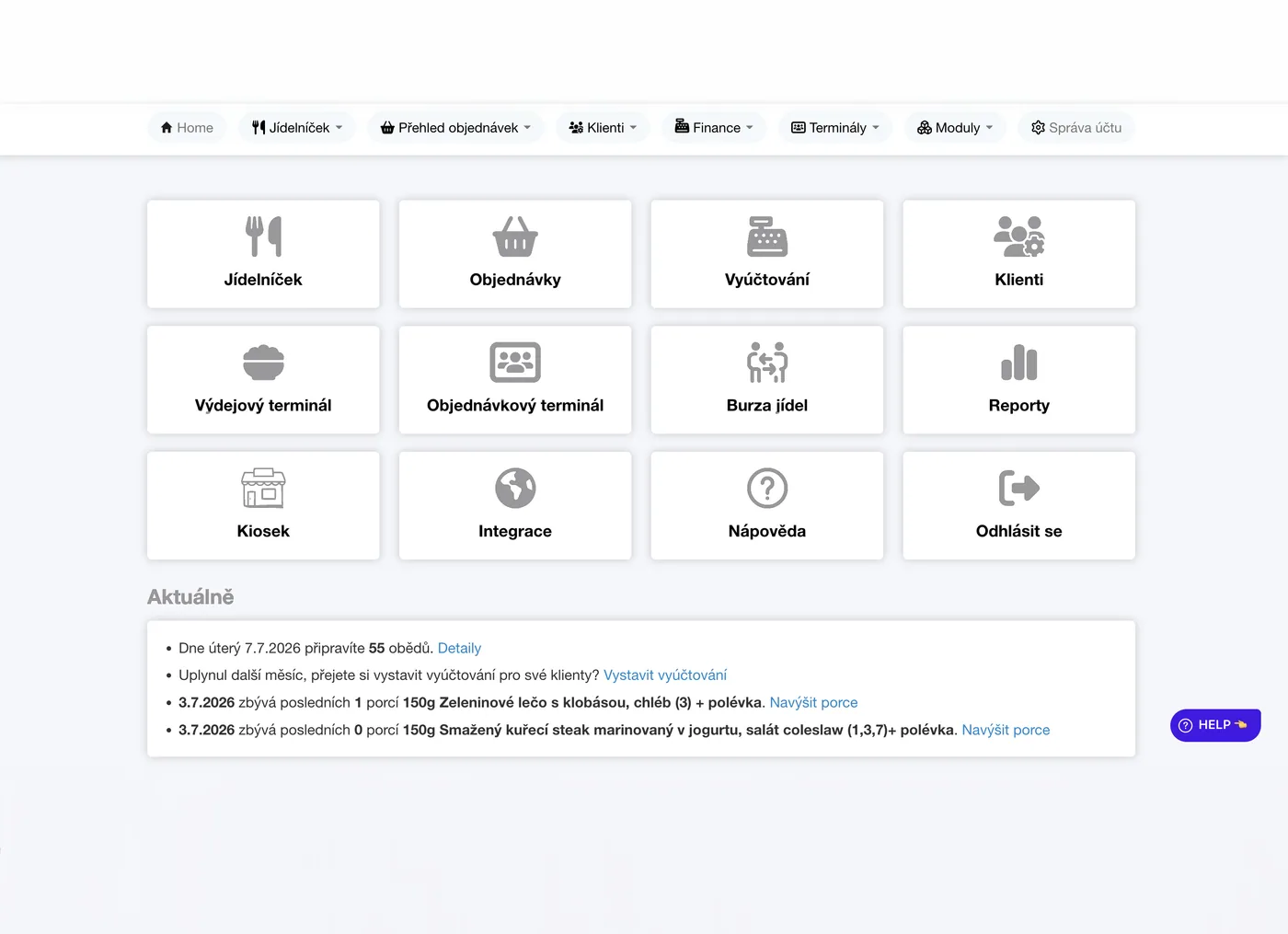 Přehledový dashboard Lunchdrive pro gastro – správa jídelníčku, objednávek a vyúčtování