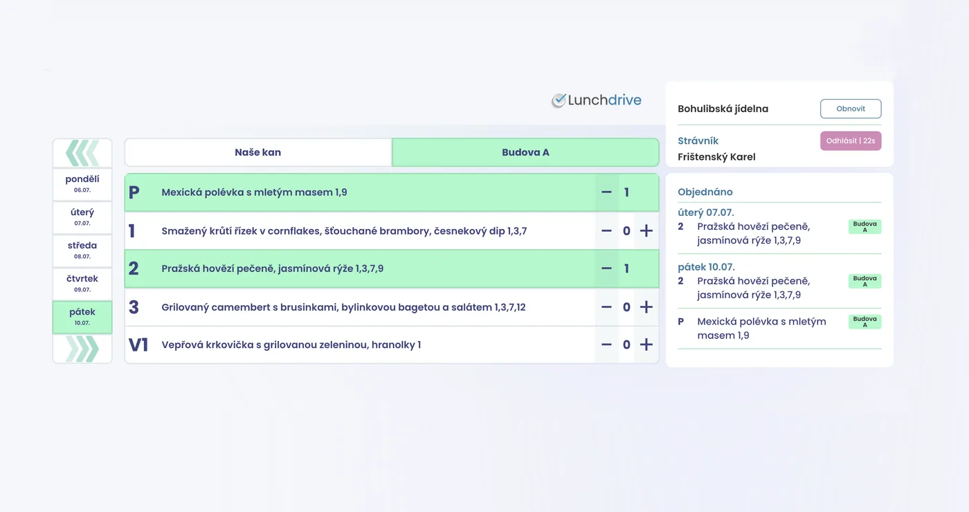 Objednávkový terminál Lunchdrive s přepínáním poboček (Naše kanceláře, Budova A) a týdenním jídelníčkem